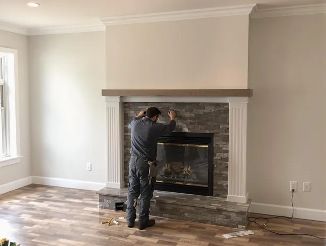 Brook Park Chimney Sweep finishing a custom fireplace install in Brook Park, OH